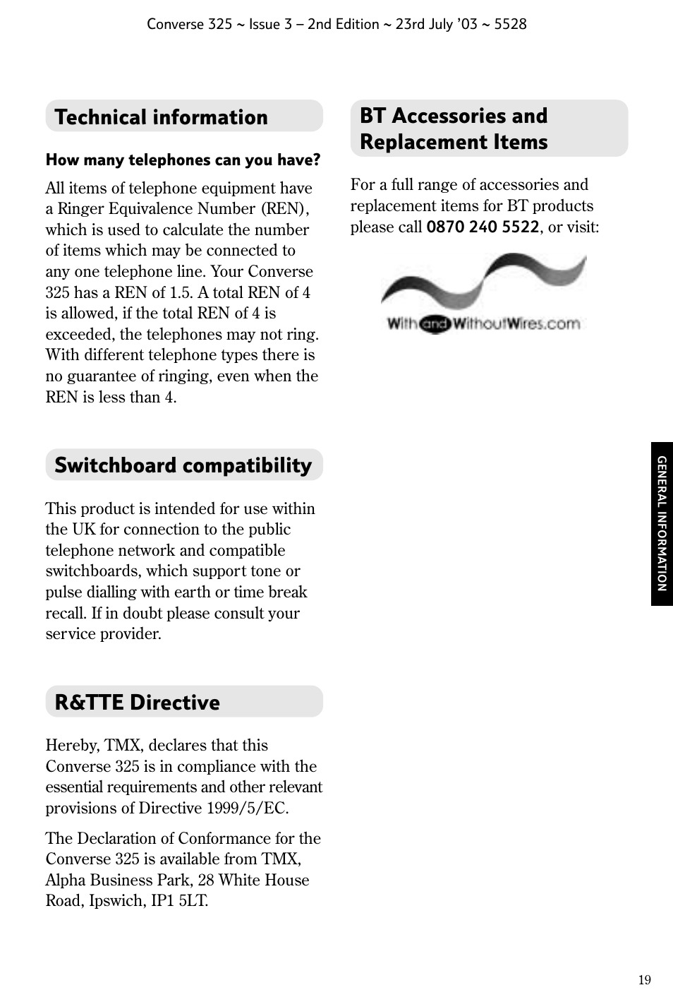 Technical information, Switchboard compatibility, R&tte directive | Bt accessories and replacement items | BT CONVERSE 325 User Manual | Page 20 / 23