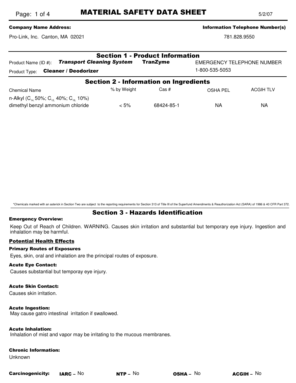 Pro-Link TCS-1 TranZyme Enzyme Cleaner and Odor Eliminator TCS11018 User Manual | 4 pages