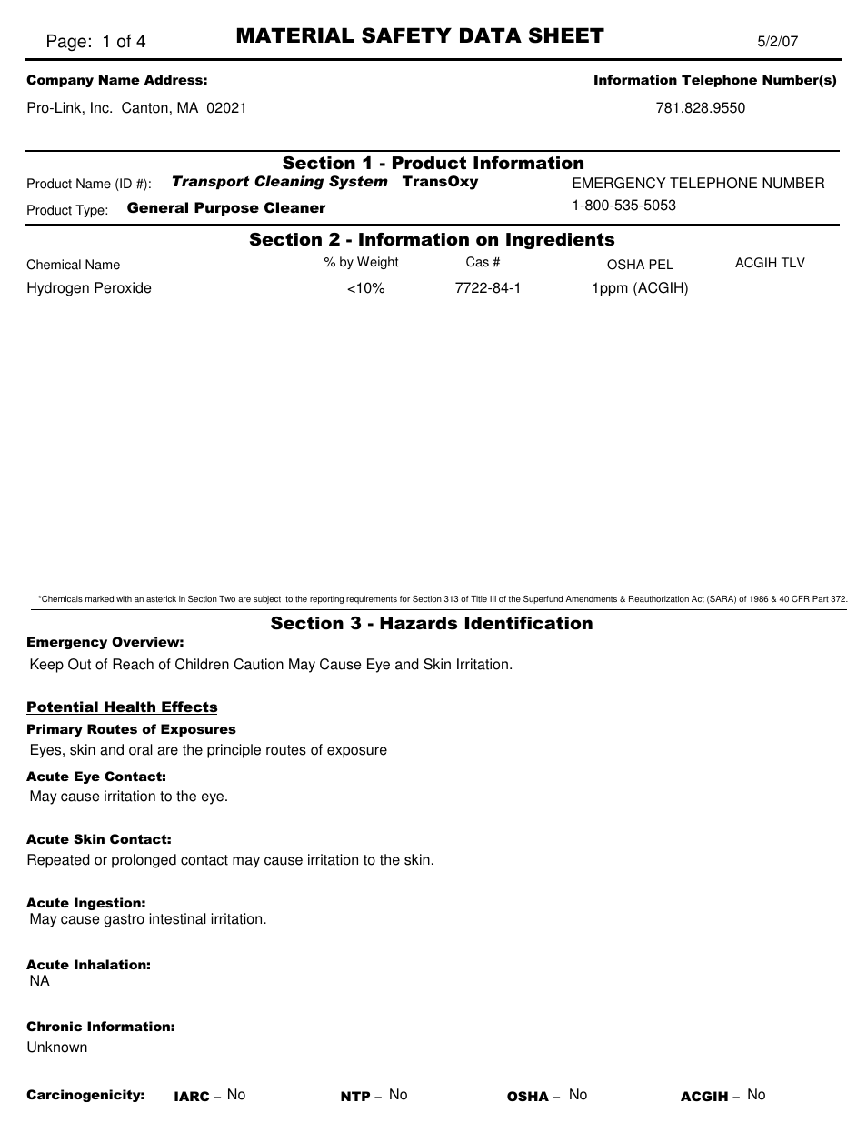 Pro-Link TCS-3 TransOxy Oxygenated Cleaner TCS11022 User Manual | 4 pages