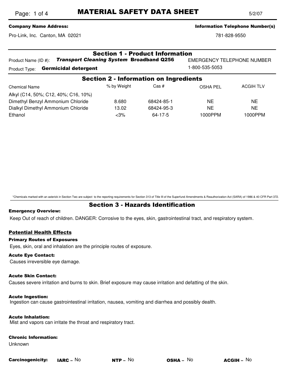 Pro-Link TCS-4 Broadband Q256 Broad Spectrum Disinfectant Cleaner TCS11024 User Manual | 4 pages