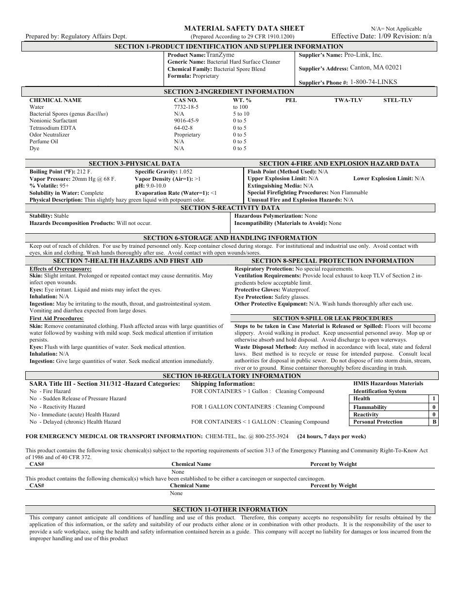 Pro-Link TranZyme B14165 User Manual | 1 page
