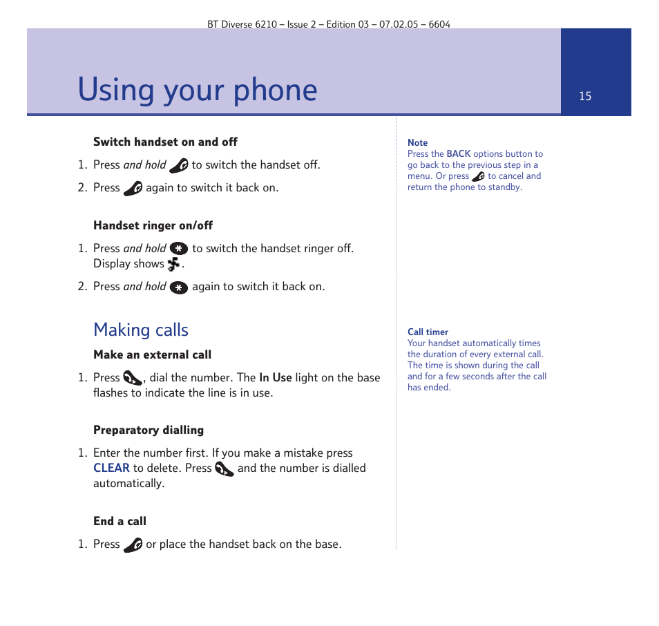 Using your phone, Making calls | BT Diverse 6210 User Manual | Page 15 / 70