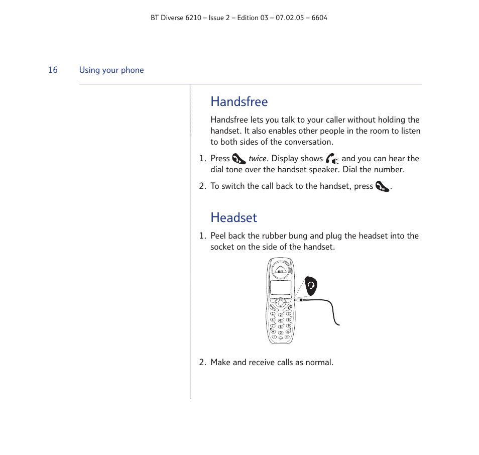 Handsfree, Headset | BT Diverse 6210 User Manual | Page 16 / 70