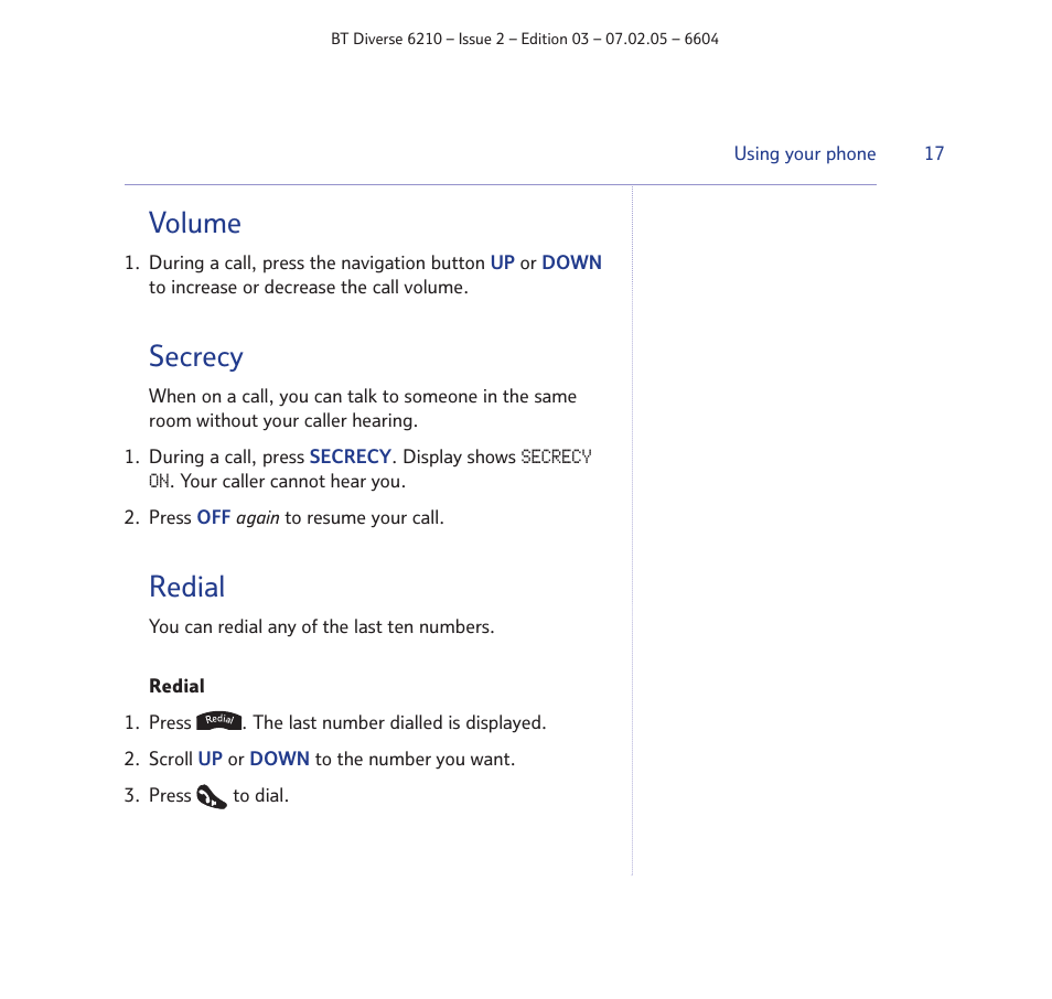 Volume, Secrecy, Redial | BT Diverse 6210 User Manual | Page 17 / 70