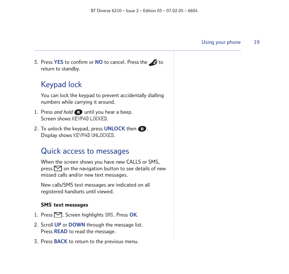 Keypad lock, Quick access to messages | BT Diverse 6210 User Manual | Page 19 / 70