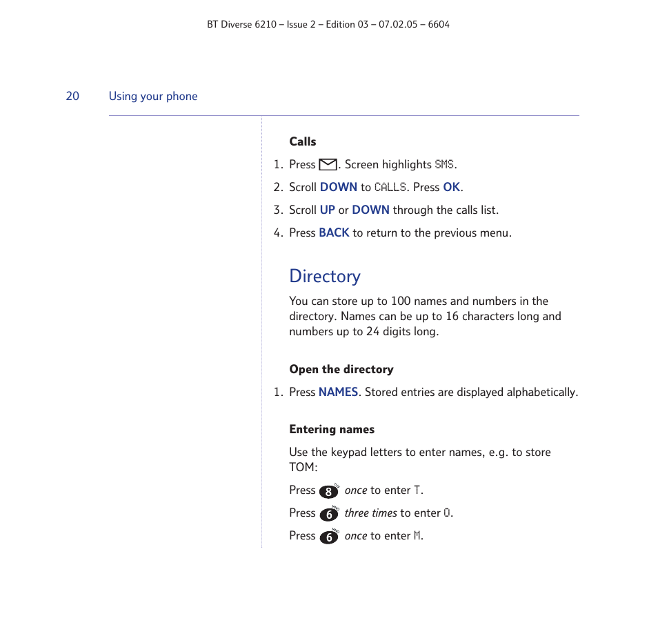 Directory | BT Diverse 6210 User Manual | Page 20 / 70