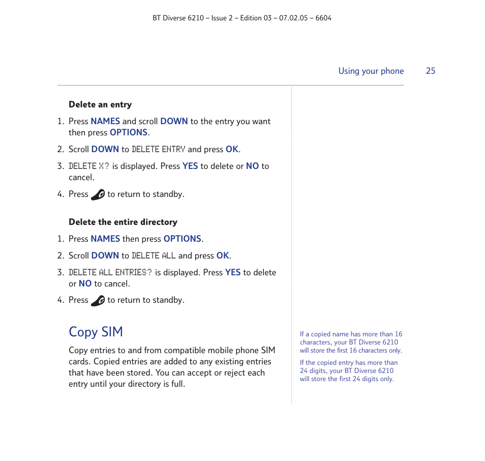 Copy sim | BT Diverse 6210 User Manual | Page 25 / 70