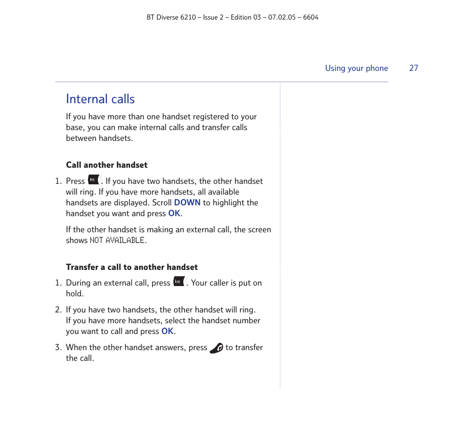Internal calls | BT Diverse 6210 User Manual | Page 27 / 70