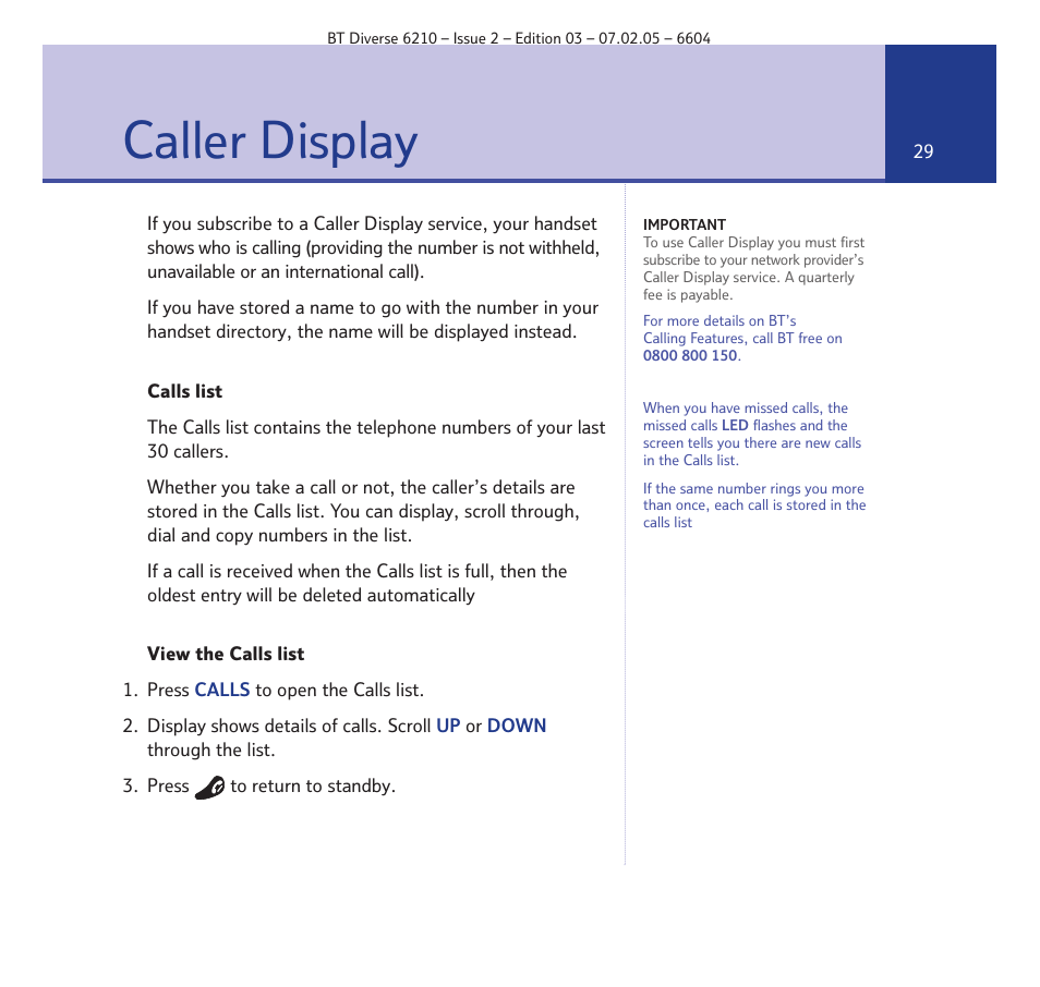 Caller display | BT Diverse 6210 User Manual | Page 29 / 70