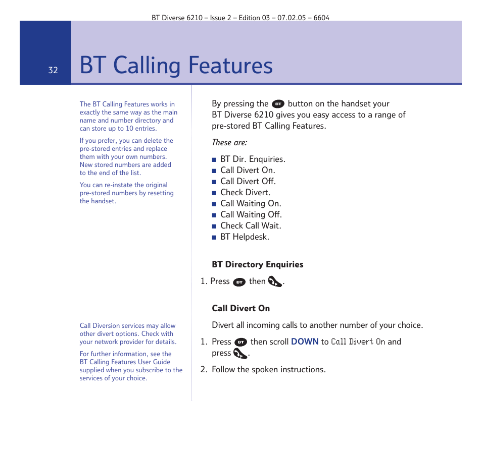 Bt calling features | BT Diverse 6210 User Manual | Page 32 / 70