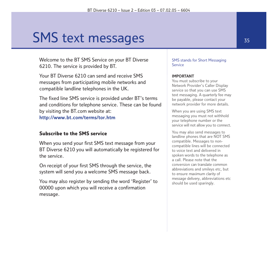 Sms text messages | BT Diverse 6210 User Manual | Page 35 / 70