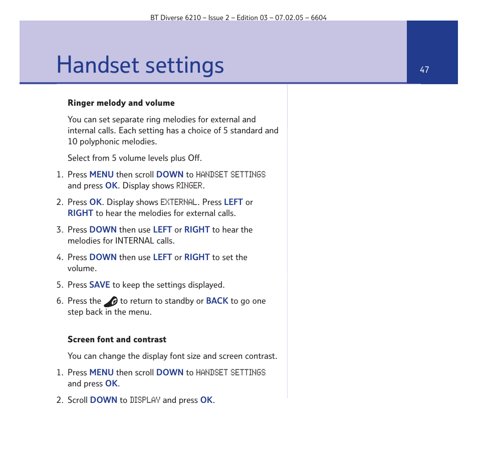 Handset settings | BT Diverse 6210 User Manual | Page 47 / 70
