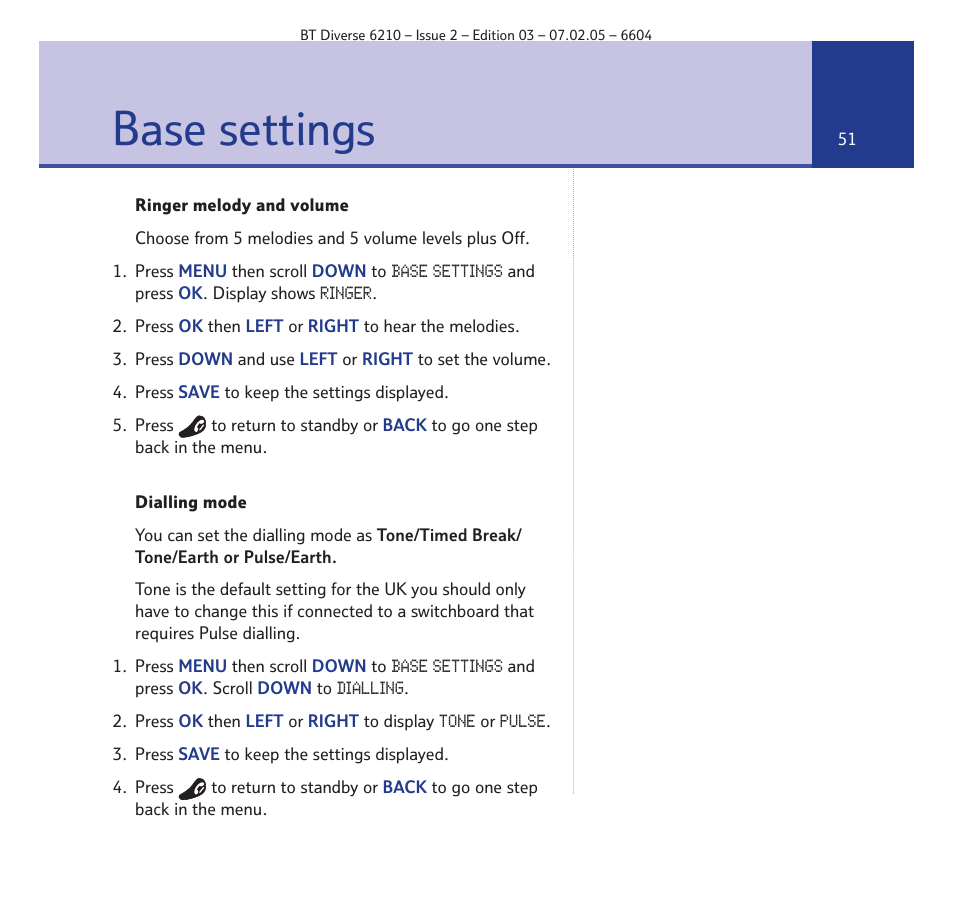 Base settings | BT Diverse 6210 User Manual | Page 51 / 70