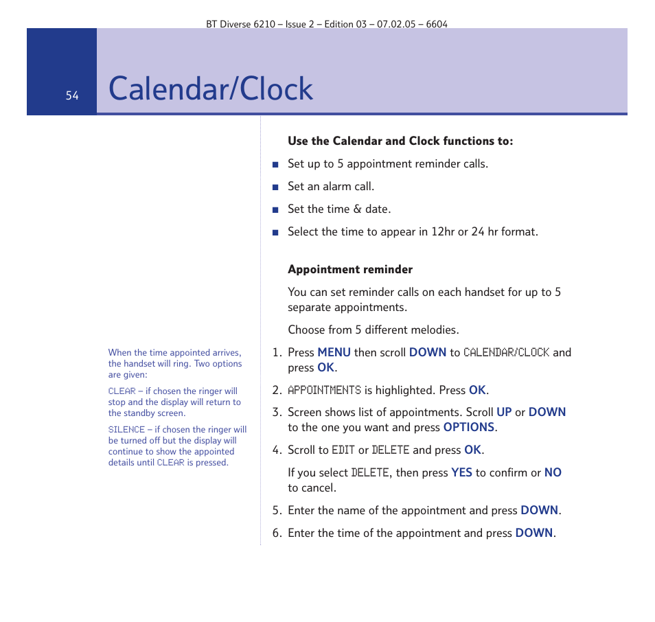 Calendar/clock | BT Diverse 6210 User Manual | Page 54 / 70