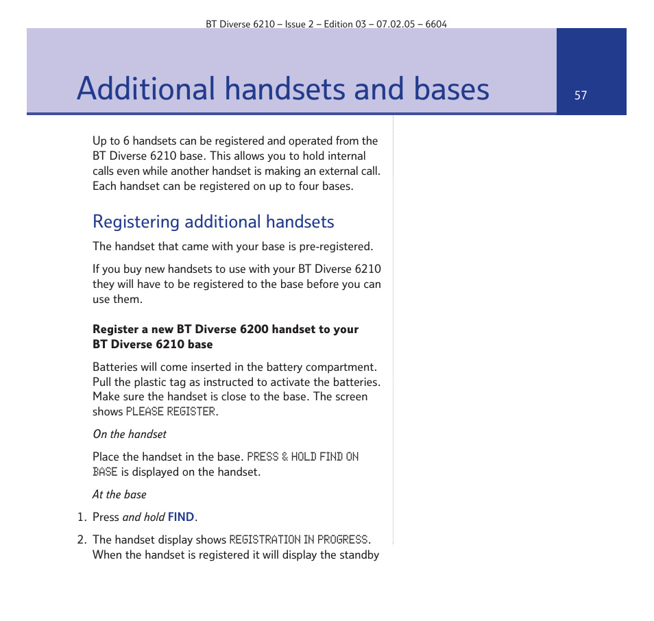 Additional handsets and bases, Registering additional handsets | BT Diverse 6210 User Manual | Page 57 / 70