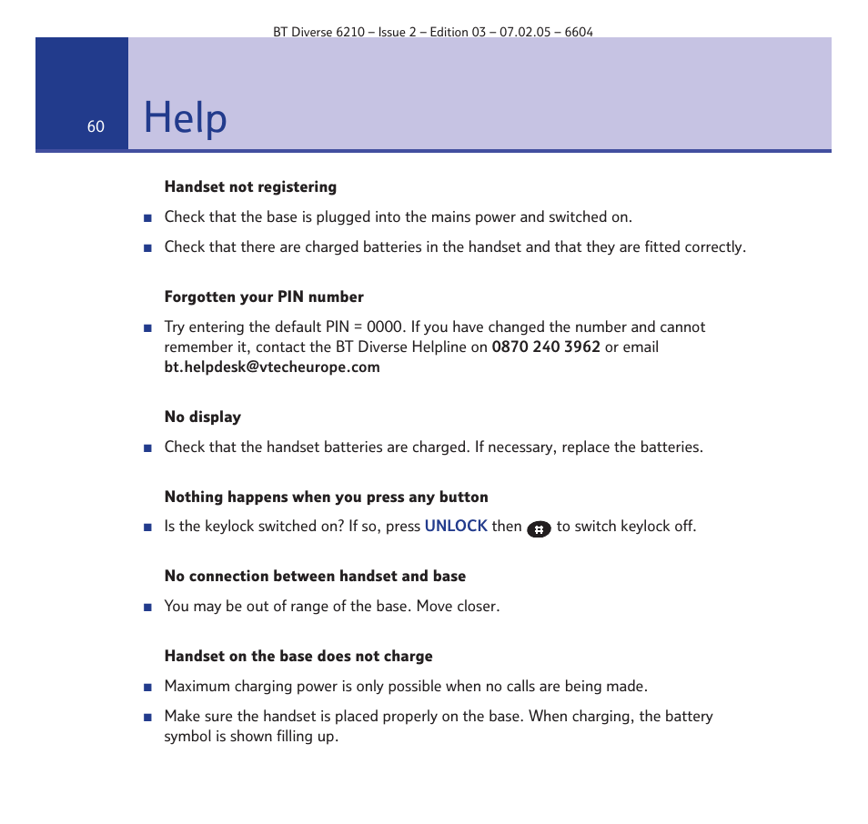 Help | BT Diverse 6210 User Manual | Page 60 / 70