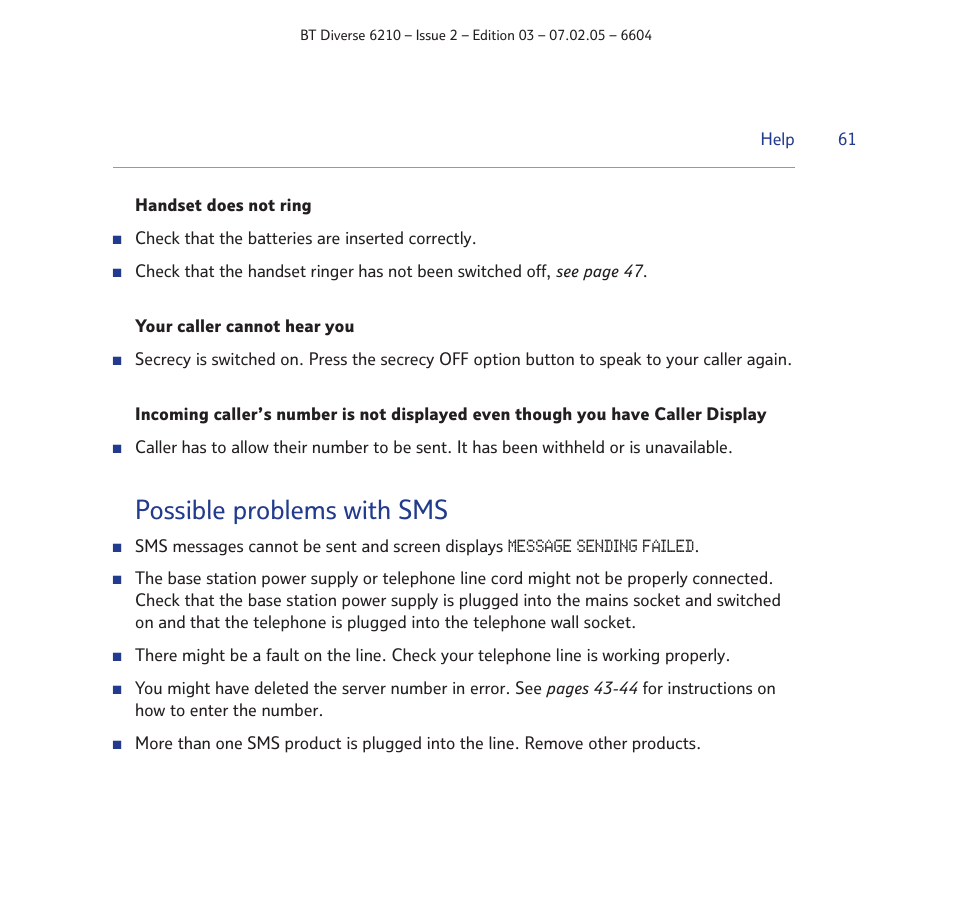 Possible problems with sms | BT Diverse 6210 User Manual | Page 61 / 70