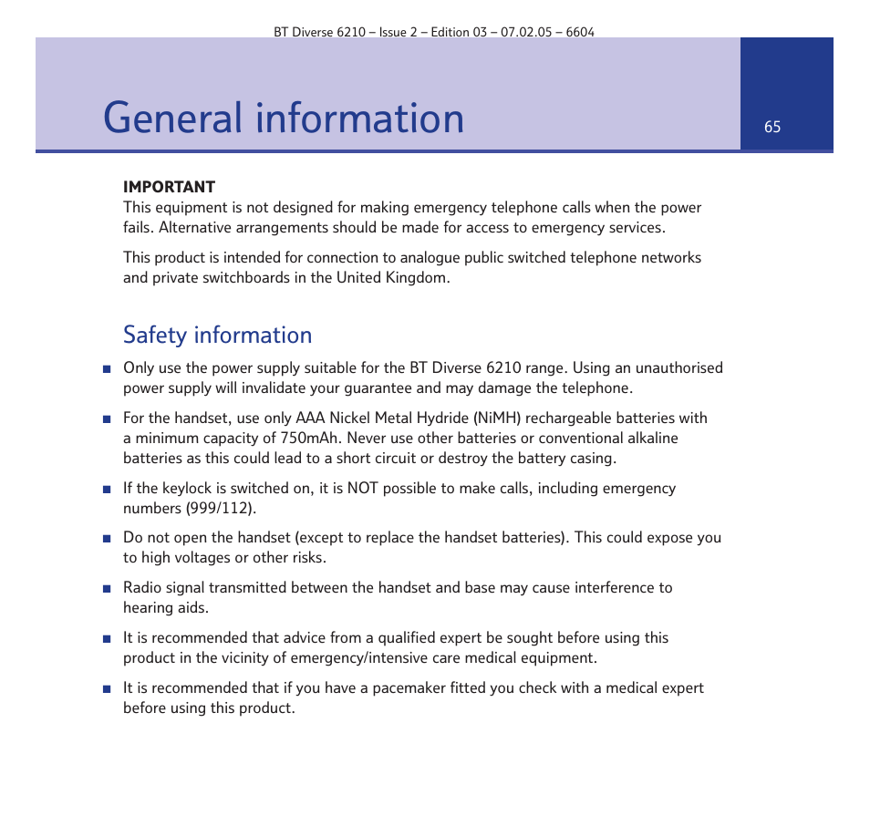 General information, Safety information | BT Diverse 6210 User Manual | Page 65 / 70