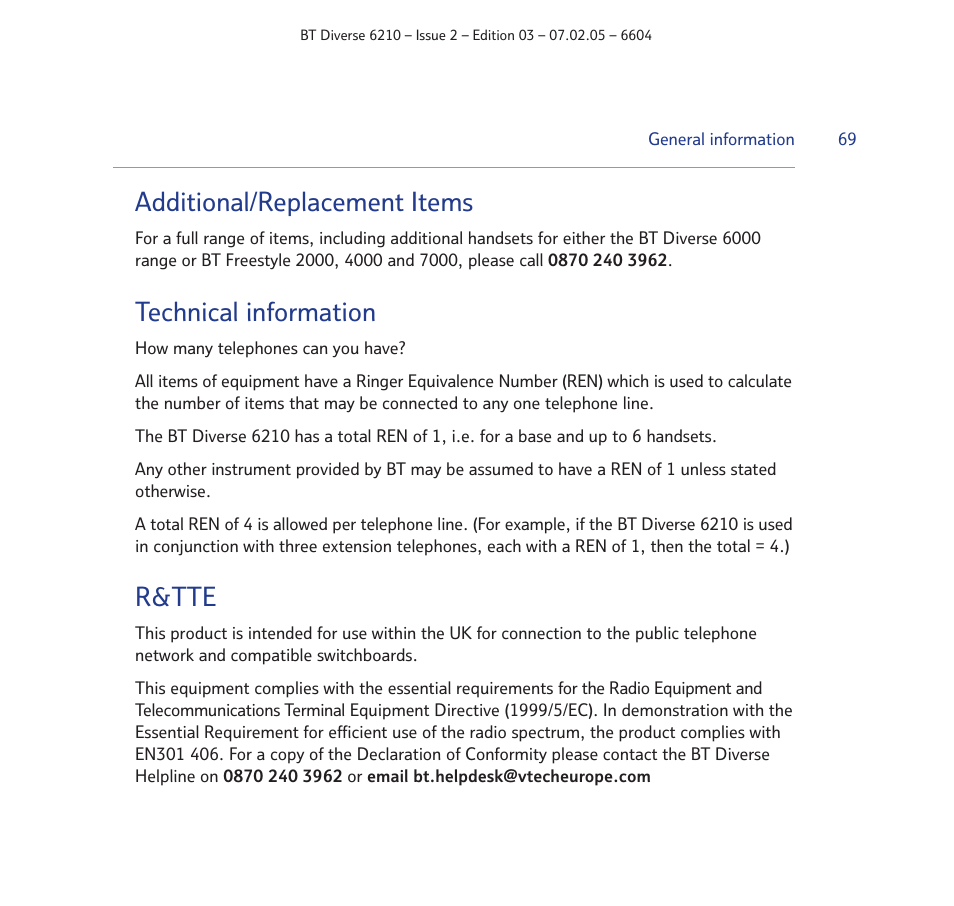 Additional/replacement items, Technical information, R&tte | BT Diverse 6210 User Manual | Page 69 / 70