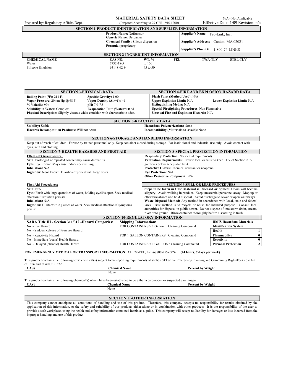 Pro-Link Defoamer B14142 User Manual | 1 page