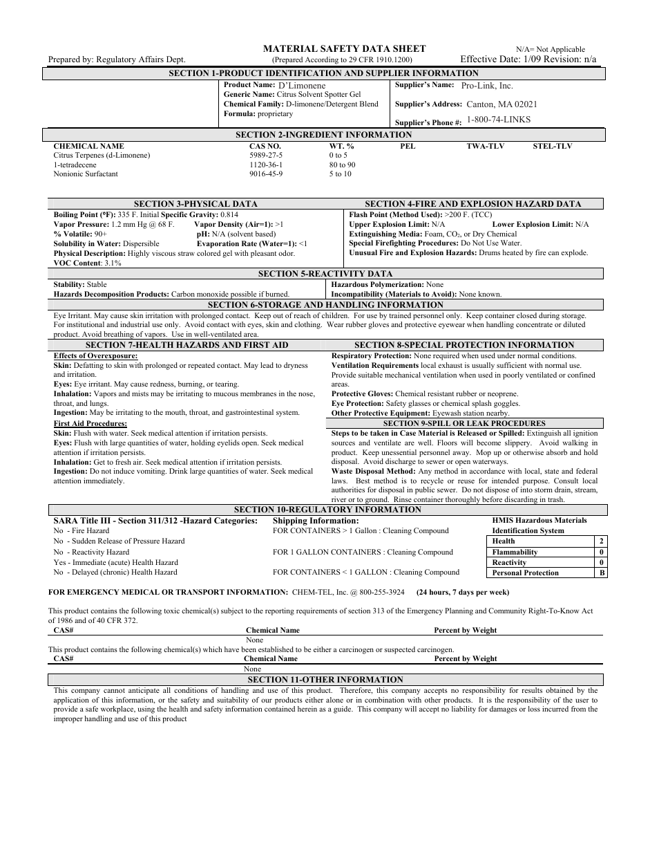 Pro-Link D'Limonene Gel Spotter B14146 User Manual | 1 page