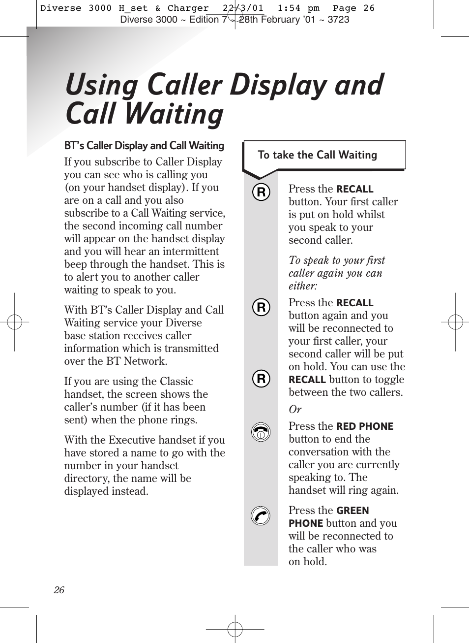 Using caller display and call waiting | BT 3000 Classic User Manual | Page 30 / 52