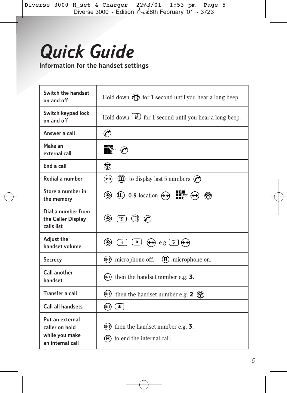 Quick guide, Information for the handset settings | BT 3000 Classic User Manual | Page 9 / 52