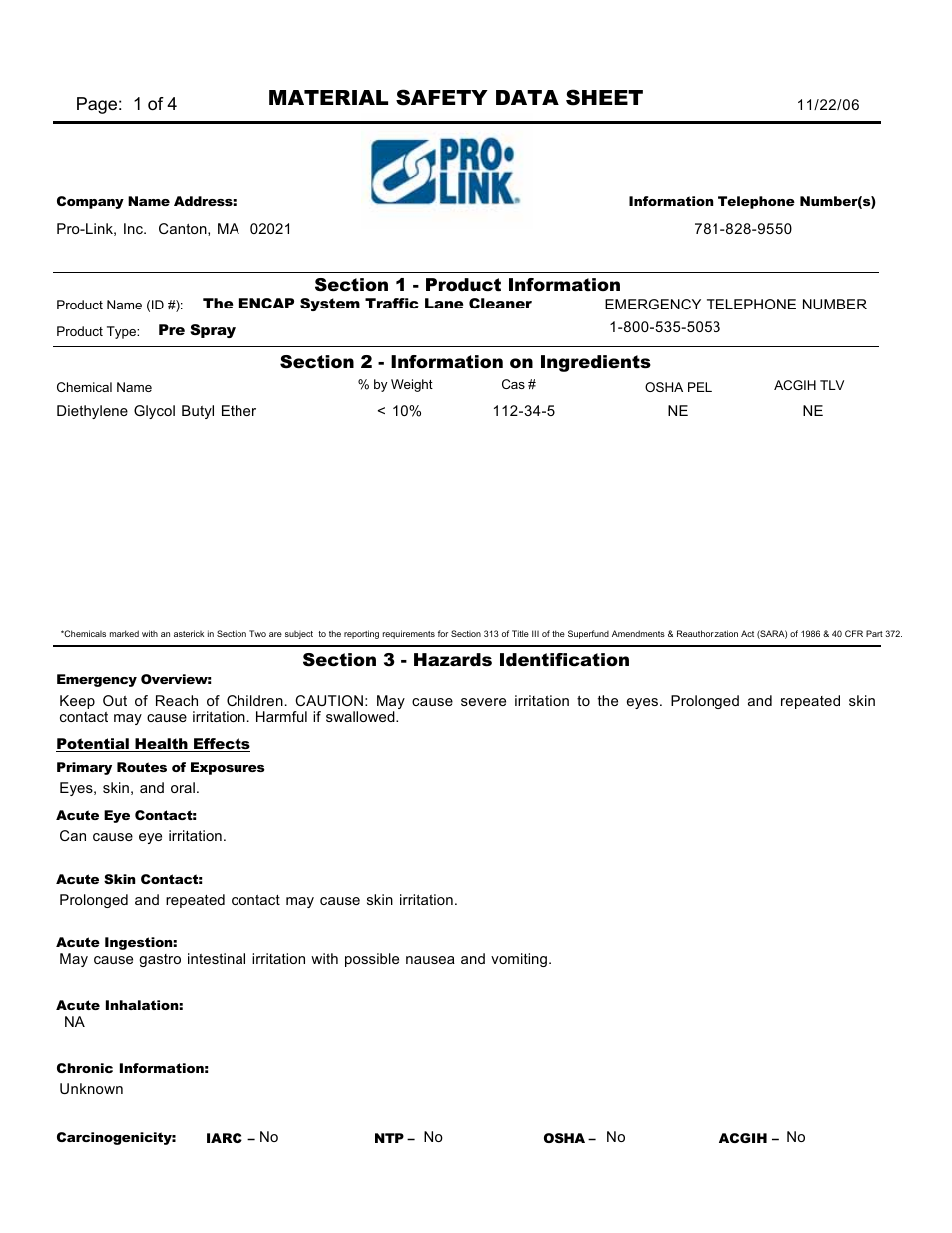 Pro-Link EnCap Traffic Lane Pre-Spray D10755 User Manual | 4 pages