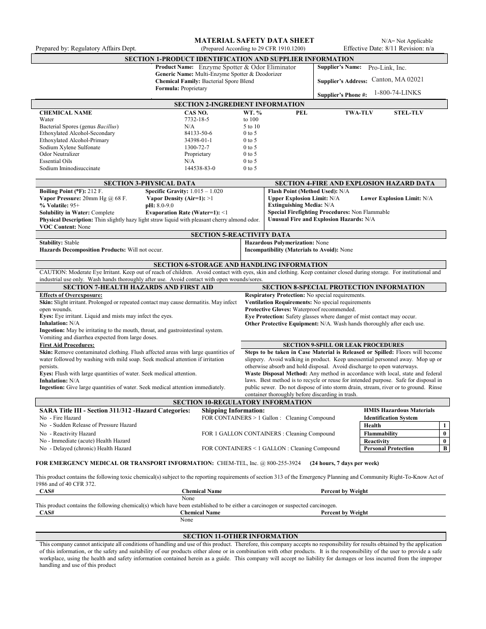 Pro-Link Enzyme Spotter & Odor Eliminator, Fresh Clean Scent B14151 User Manual | 1 page