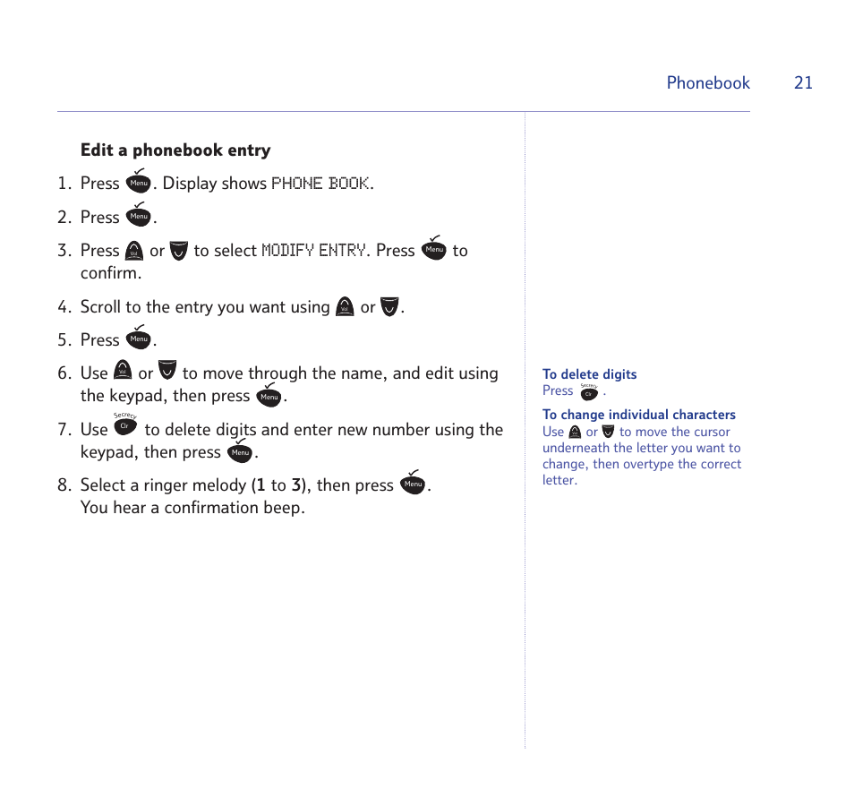 Modify entry, Phonebook 21 | BT STUDIO 1100 User Manual | Page 21 / 56