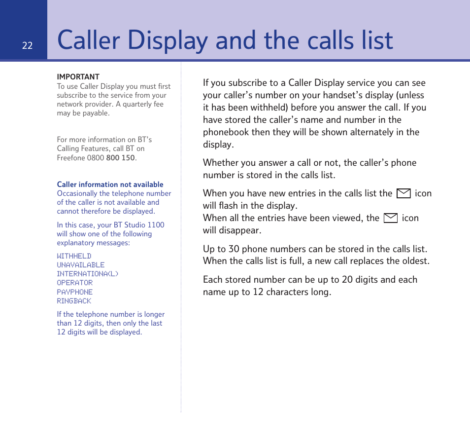 Caller display and the calls list | BT STUDIO 1100 User Manual | Page 22 / 56
