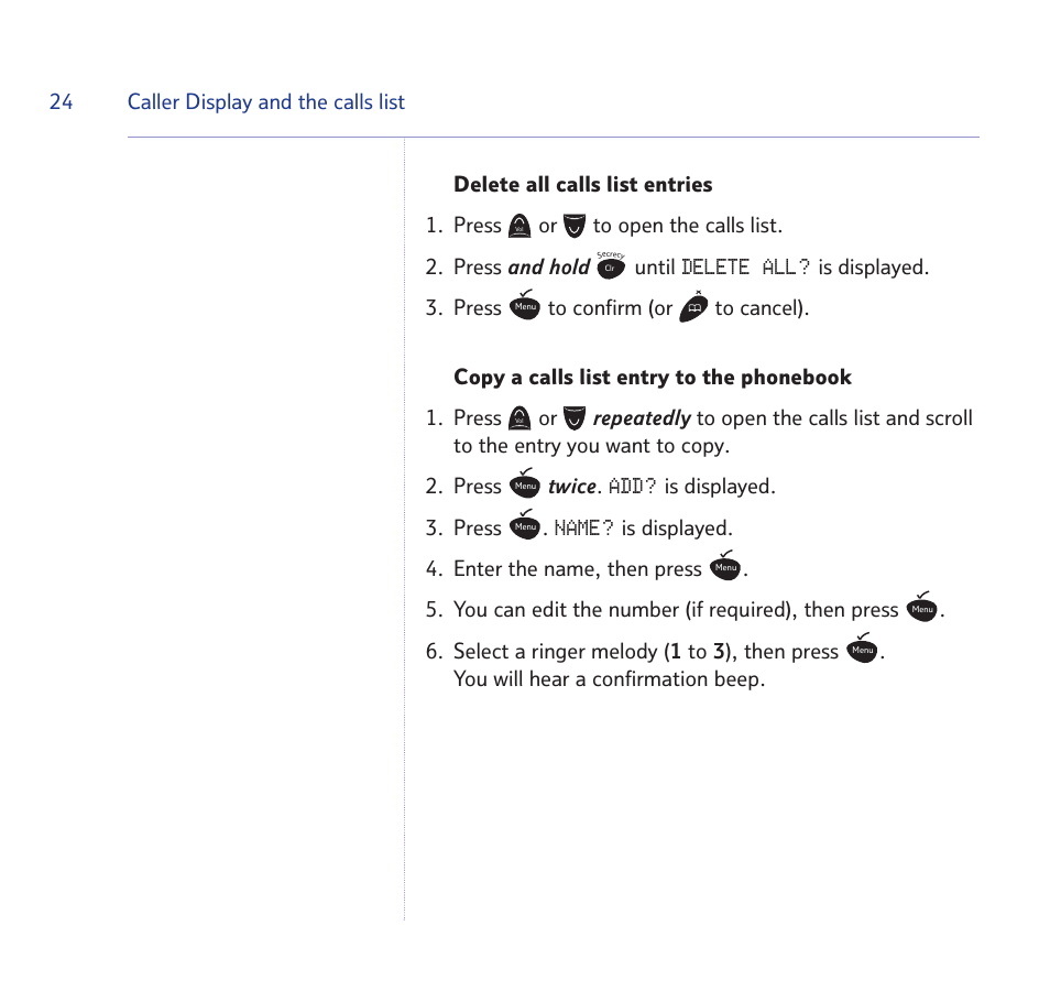 Delete all, Name | BT STUDIO 1100 User Manual | Page 24 / 56