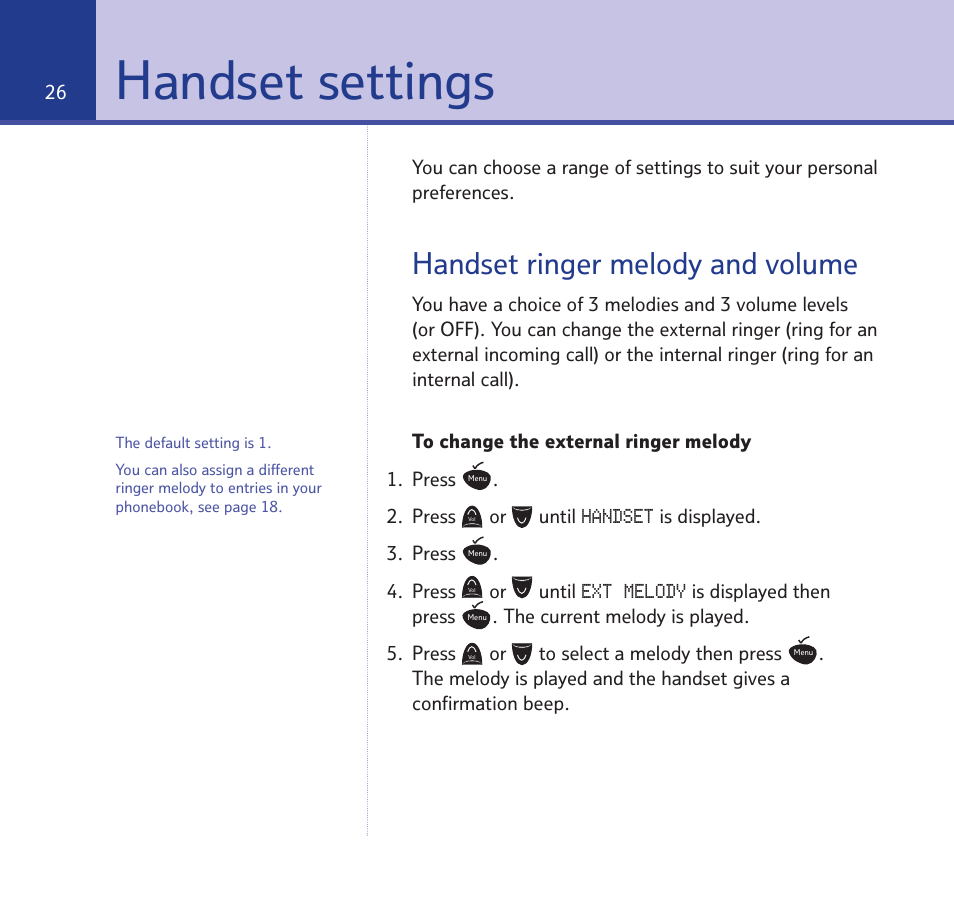 Handset settings, Handset ringer melody and volume | BT STUDIO 1100 User Manual | Page 26 / 56