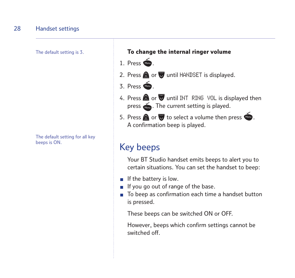 Key beeps, Handset, Int ring vol | BT STUDIO 1100 User Manual | Page 28 / 56