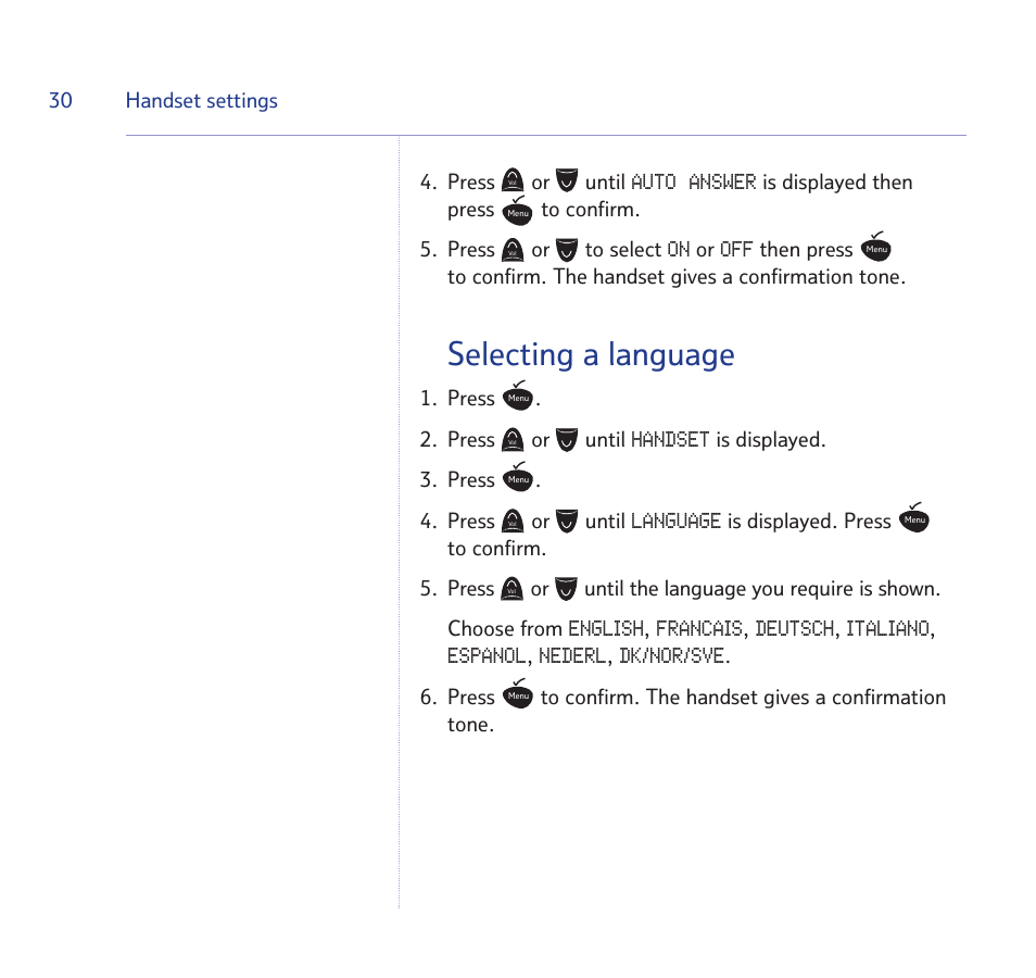 Selecting a language | BT STUDIO 1100 User Manual | Page 30 / 56