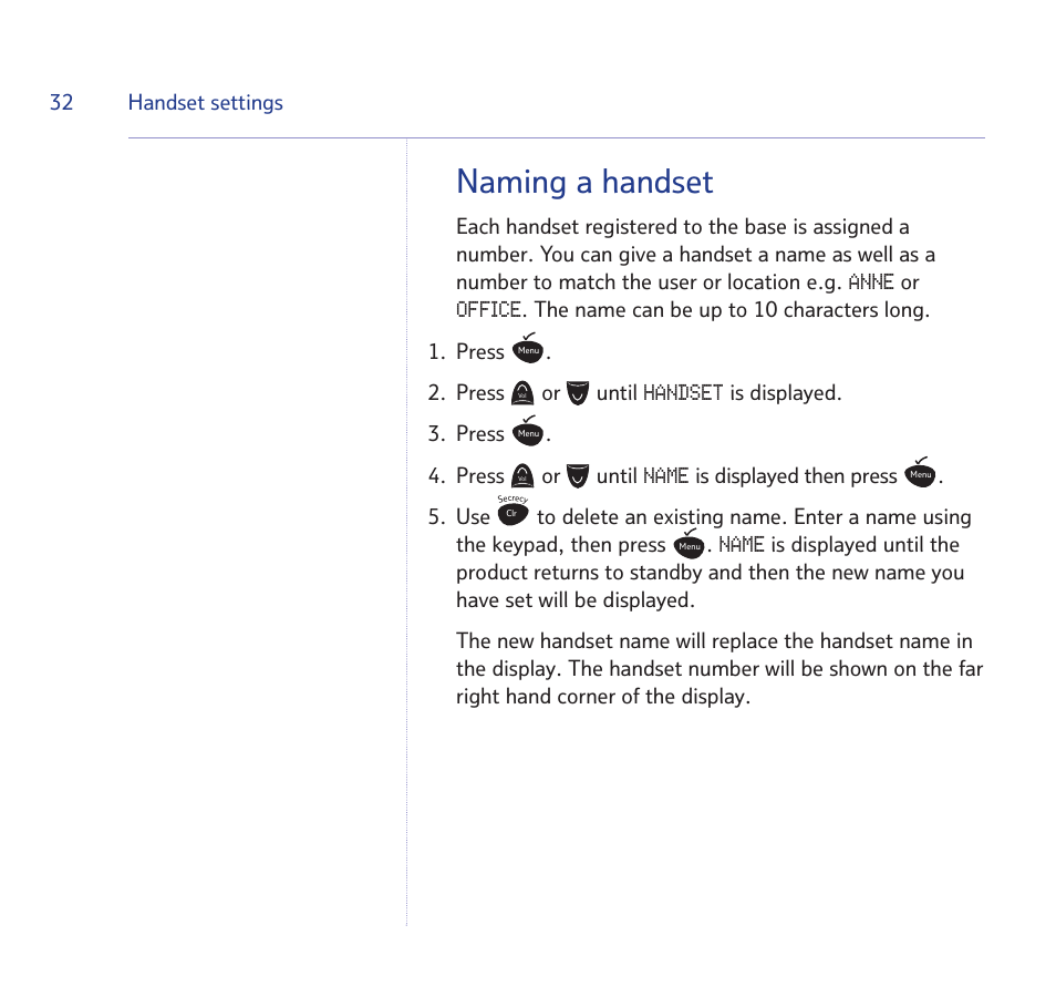 Naming a handset, Anne, Office | Handset, Name | BT STUDIO 1100 User Manual | Page 32 / 56