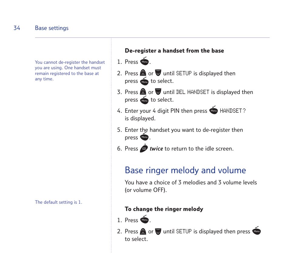 Base ringer melody and volume, Setup, Del handset | Handset | BT STUDIO 1100 User Manual | Page 34 / 56