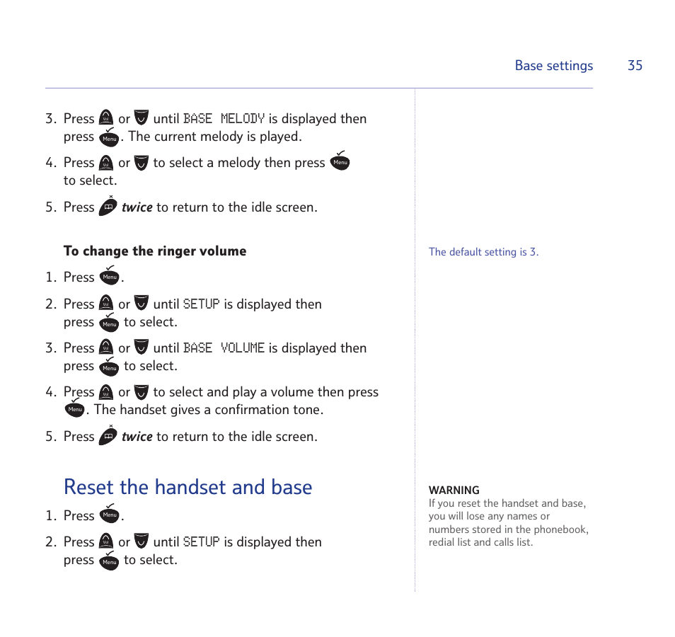 Reset the handset and base, Base melody, Setup | Base volume | BT STUDIO 1100 User Manual | Page 35 / 56