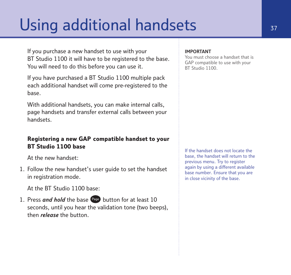 Using additional handsets | BT STUDIO 1100 User Manual | Page 37 / 56