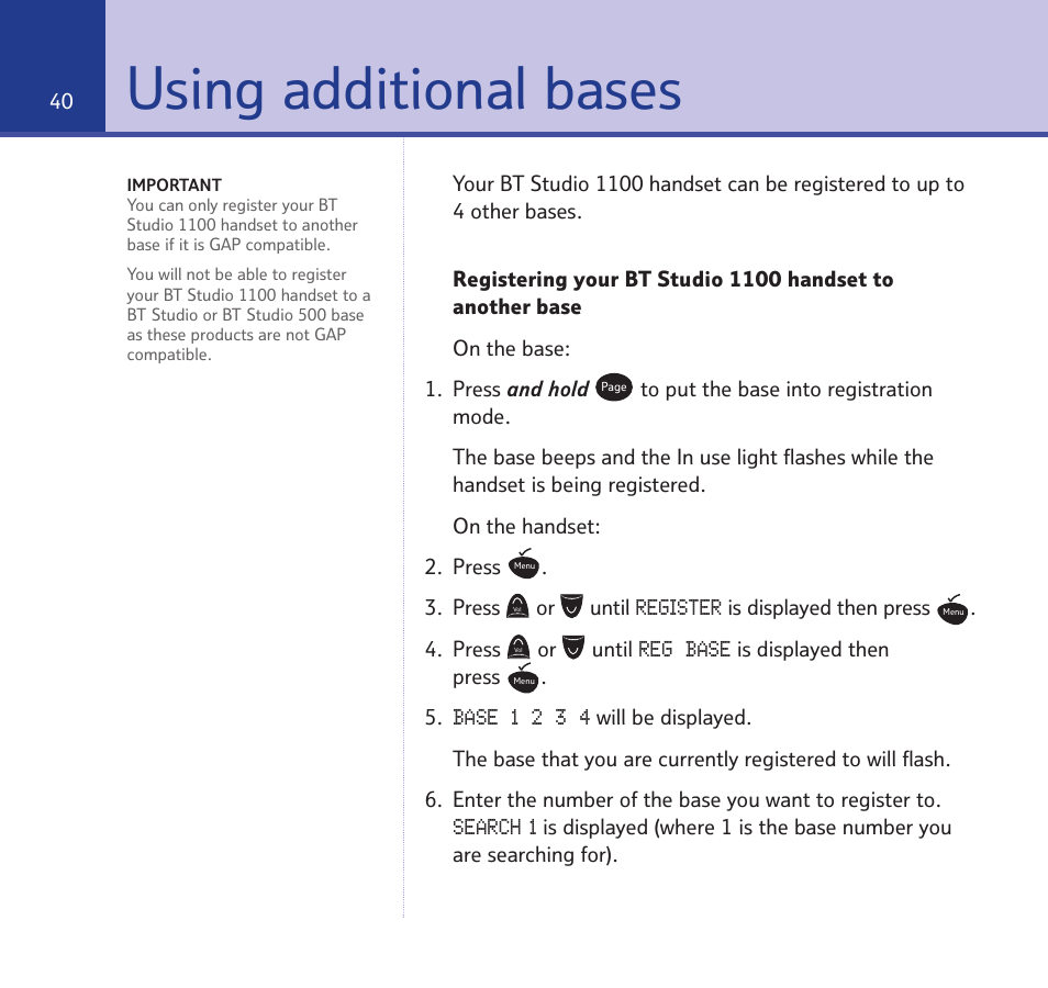 Using additional bases | BT STUDIO 1100 User Manual | Page 40 / 56