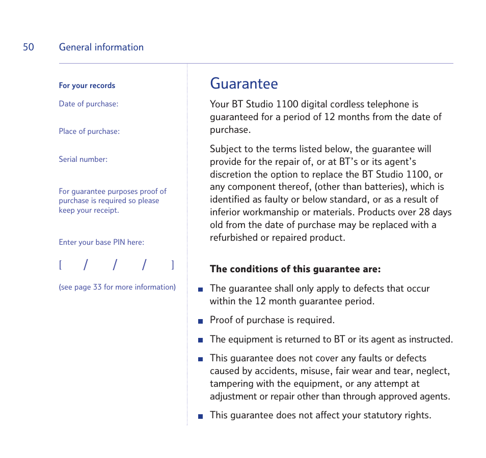 Guarantee | BT STUDIO 1100 User Manual | Page 50 / 56