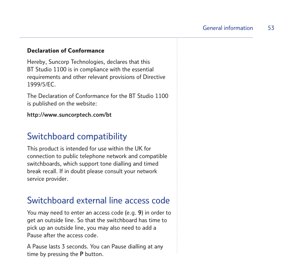 Switchboard compatibility, Switchboard external line access code | BT STUDIO 1100 User Manual | Page 53 / 56