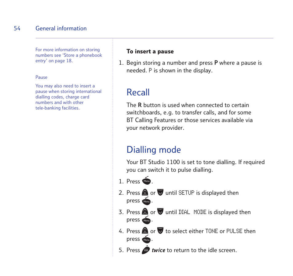 Recall, Dialling mode | BT STUDIO 1100 User Manual | Page 54 / 56
