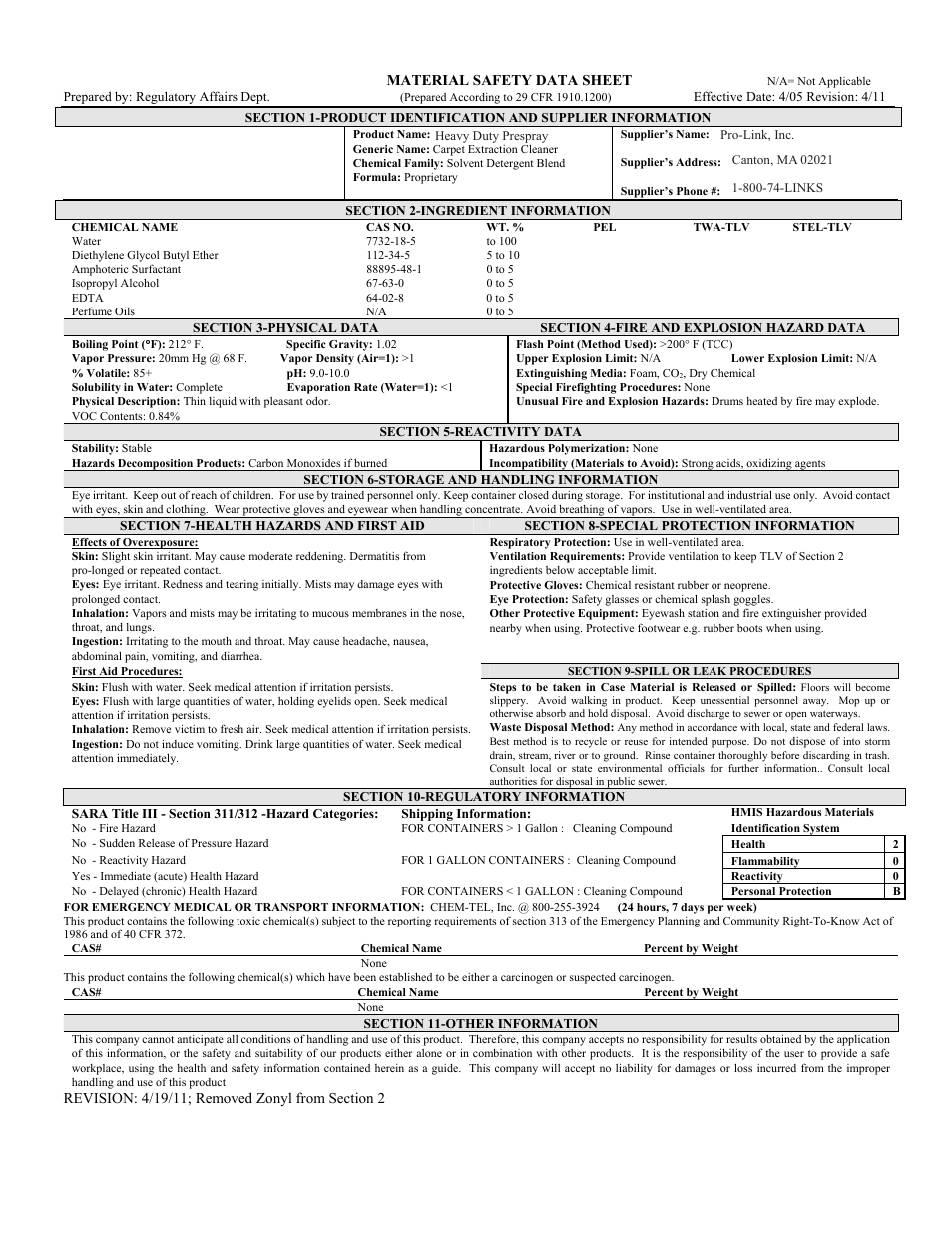 Pro-Link Heavy Duty Prespray B14133S User Manual | 1 page
