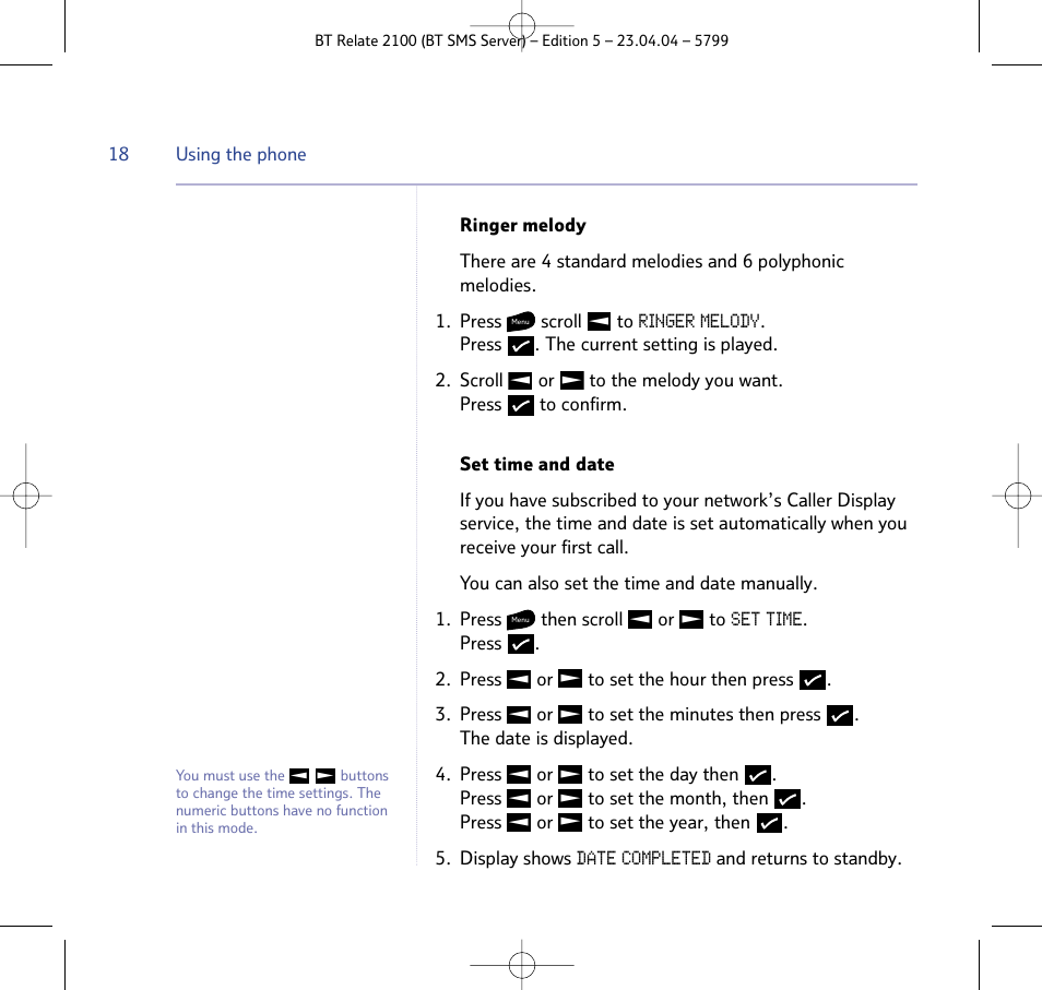 Ringer melody, Set time, Date completed | BT Relate 2100 User Manual | Page 18 / 59