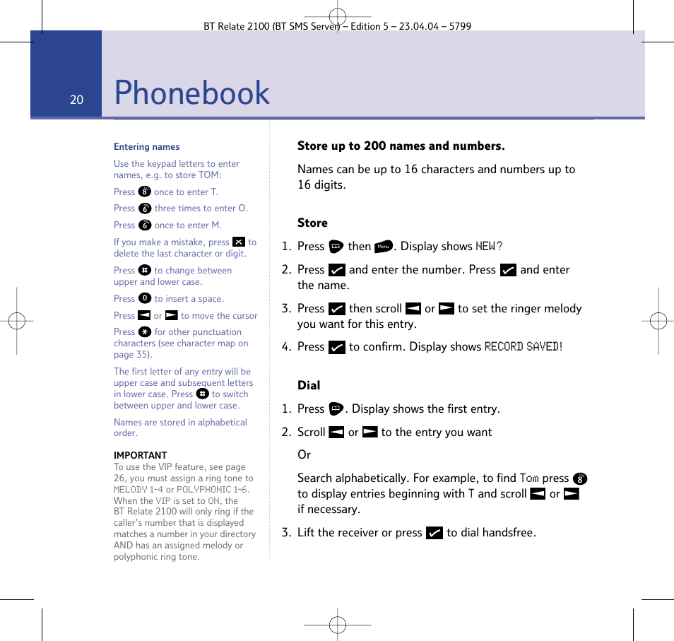 Phonebook, Record saved | BT Relate 2100 User Manual | Page 20 / 59