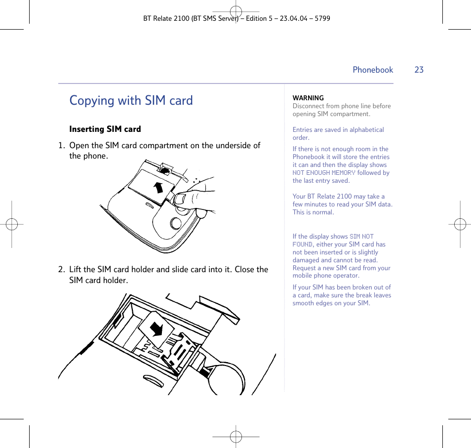Copying with sim card | BT Relate 2100 User Manual | Page 23 / 59