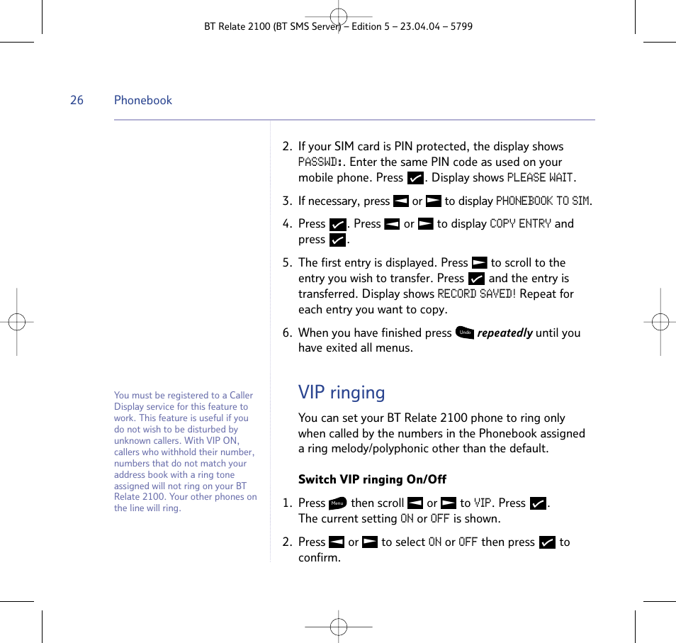 Vip ringing | BT Relate 2100 User Manual | Page 26 / 59