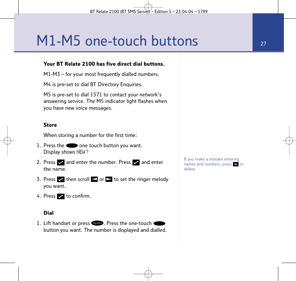 M1-m5 one-touch buttons | BT Relate 2100 User Manual | Page 27 / 59