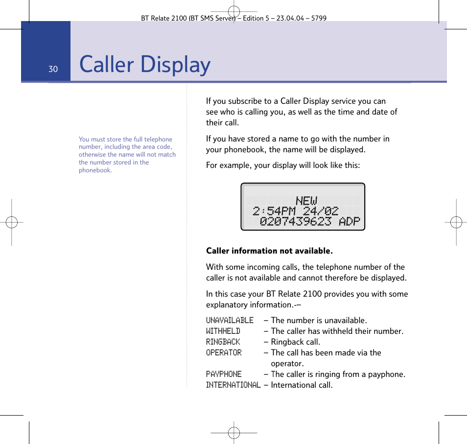 Caller display | BT Relate 2100 User Manual | Page 30 / 59